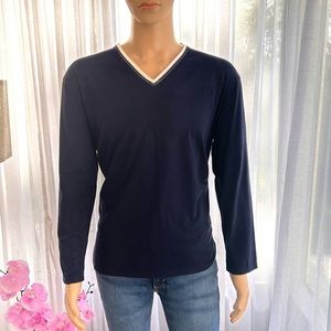 Mens Blue Long Sleeve Pullover Shirt Size L/XL V Neck Van Laack Lufthansa